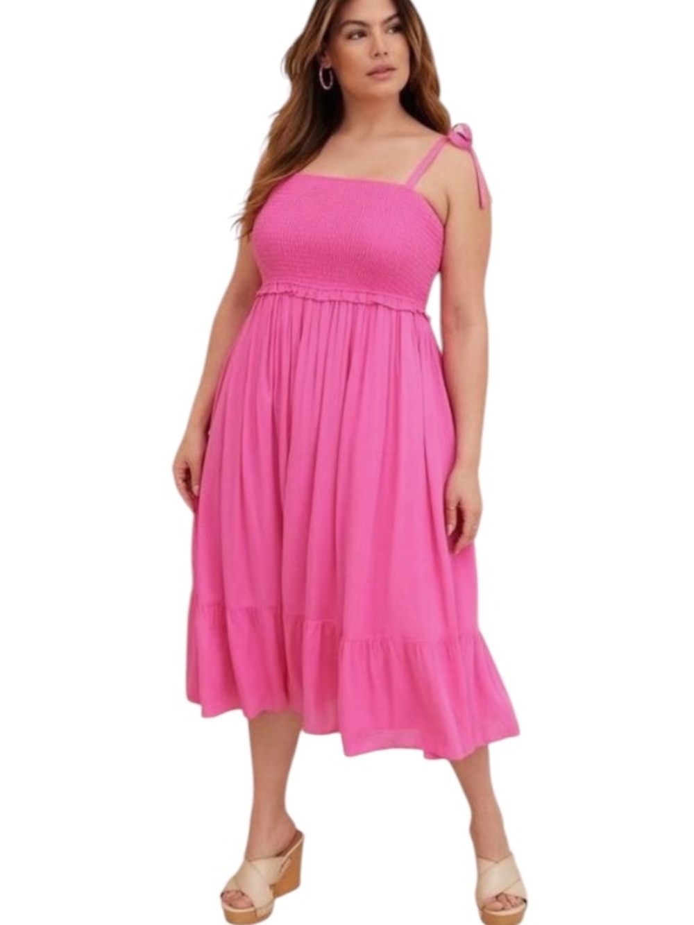 TORRID Pink Rayon Dobi Smocked Tiered Midi Dress Tie Straps NWT Sz 3X (22-24)